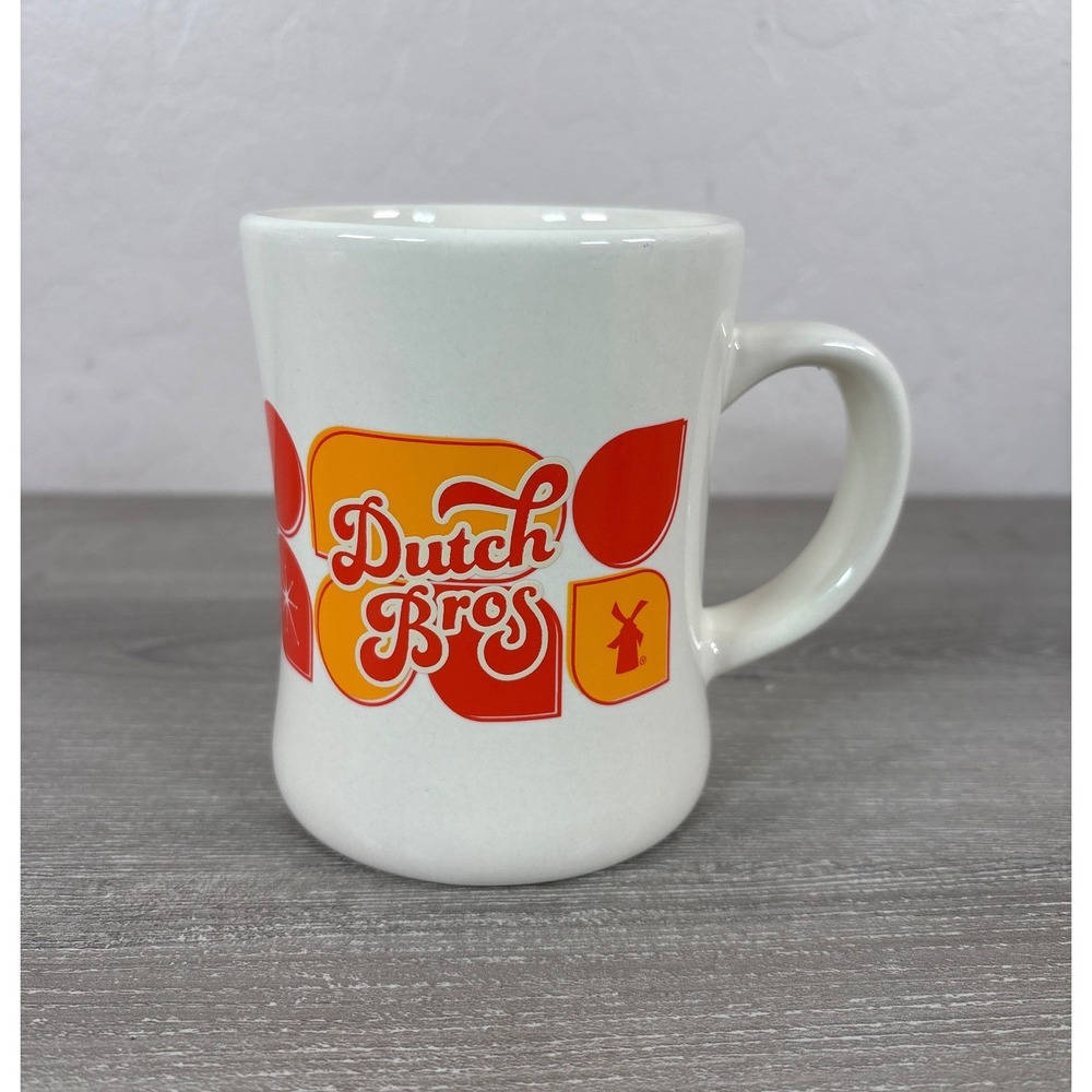 Dutch Bros Coffee Happy Holidays Retro Logo Ceramic Diner Mug White Orange Red